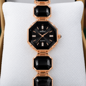 Rose Gold Black Gemstone Watch for Women